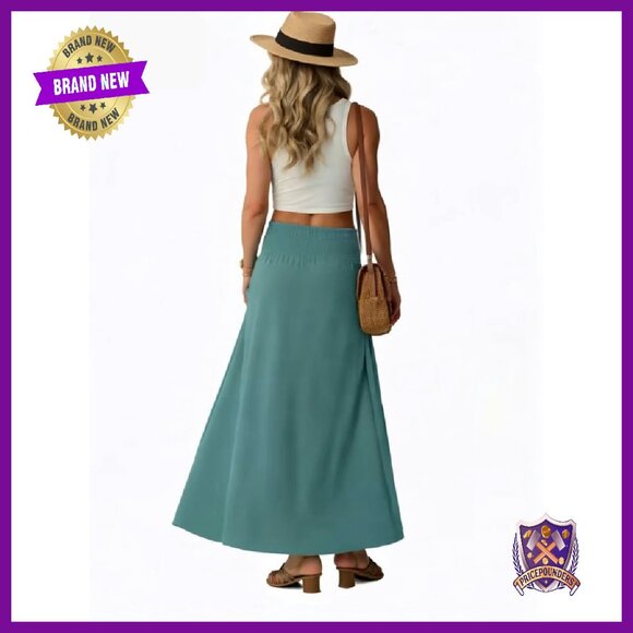 Maxi Skirt Smocked Elastic High Waist Boho Swing Pleated Long with Pockets - Picture 8 of 8
